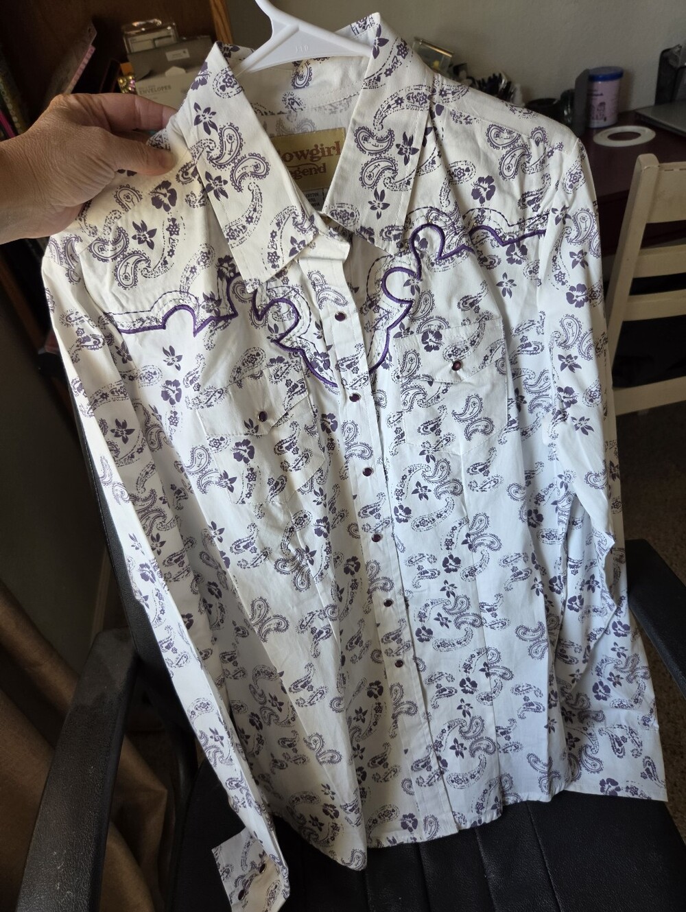 Women's White Western Shirt with Purple Paisley Print